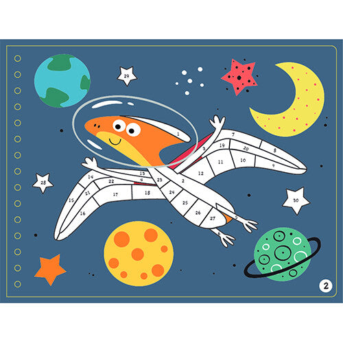Een pagina van het stickerboek met een vliegende pterodactyl in een ruimtehelm tussen planeten en sterren, met genummerde vlakken.