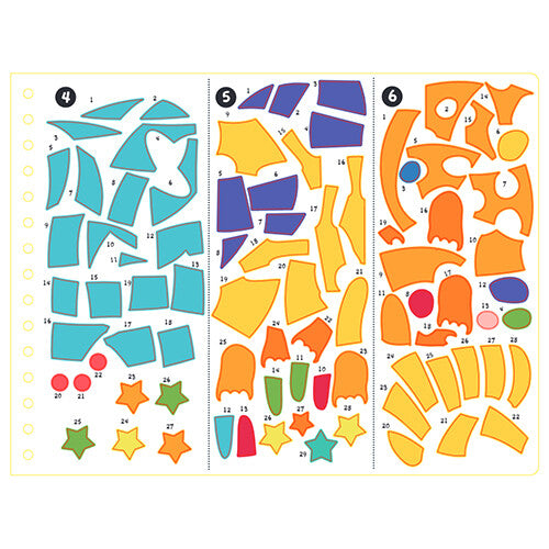 Een vel met kleurrijke, genummerde stickers in verschillende vormen.