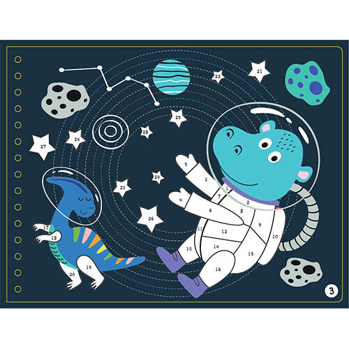 Een pagina van het stickerboek met een nijlpaard in een ruimtepak en een dinosaurus in de ruimte, met genummerde vlakken voor stickers.