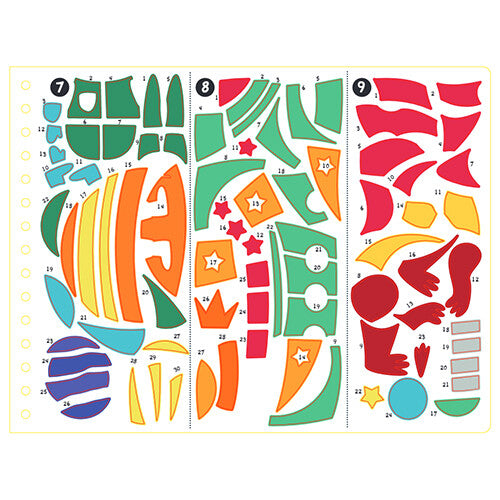 Een vel met kleurrijke, genummerde stickers in verschillende vormen.