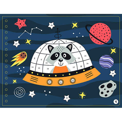 Een pagina van het stickerboek met een wasbeer in een UFO vliegend door de ruimte, met genummerde vlakken voor stickers.