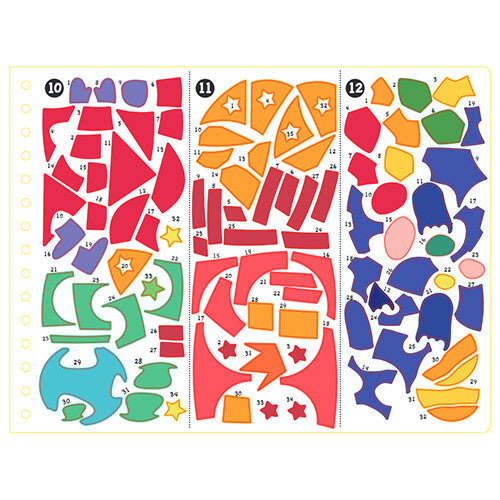 Een vel met kleurrijke, genummerde stickers in verschillende vormen.