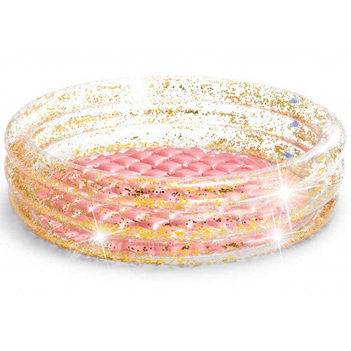 Intex peuterzwembad met roze bodem en transparante randen gevuld met goudkleurige glitter.
