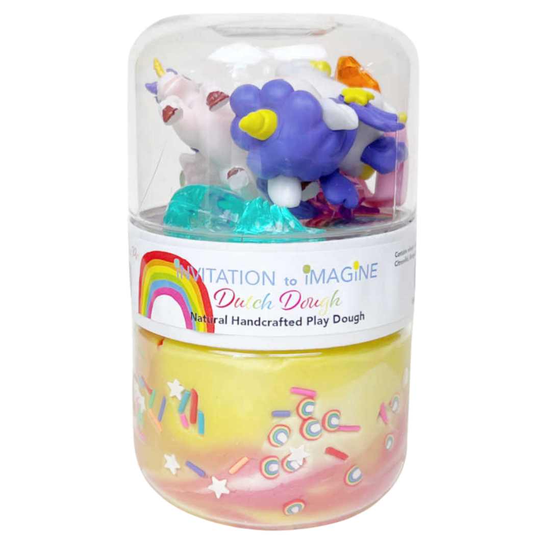 Invitation to imagine speelklei play pot met eenhoornfiguren en regenboogthema, in de verpakking.