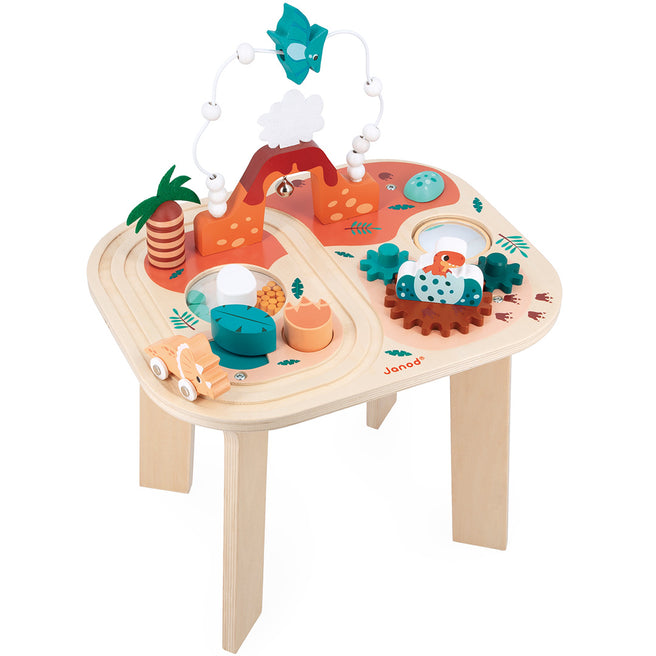 Janod houten activiteiten speeltafel dino met vulkaan, palmboom en diverse speelelementen.