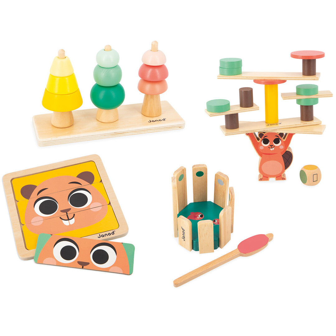 Janod houten educatief speelgoedset met een stapeltoren, balansspel, puzzel en visspel.