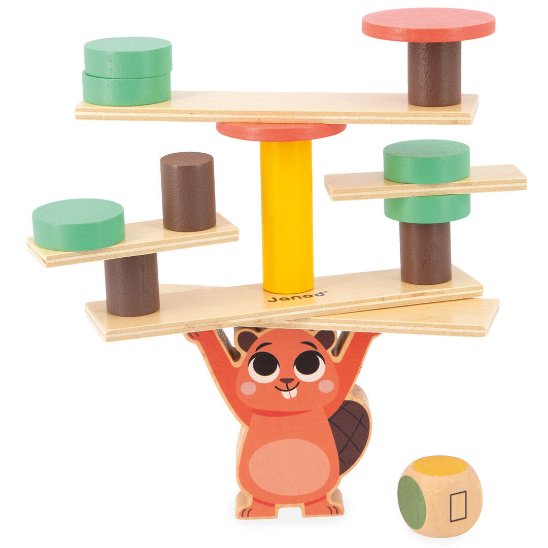 Janod houten balansspel met een beverfiguur die blokken en schijven balanceert, inclusief een dobbelsteen.