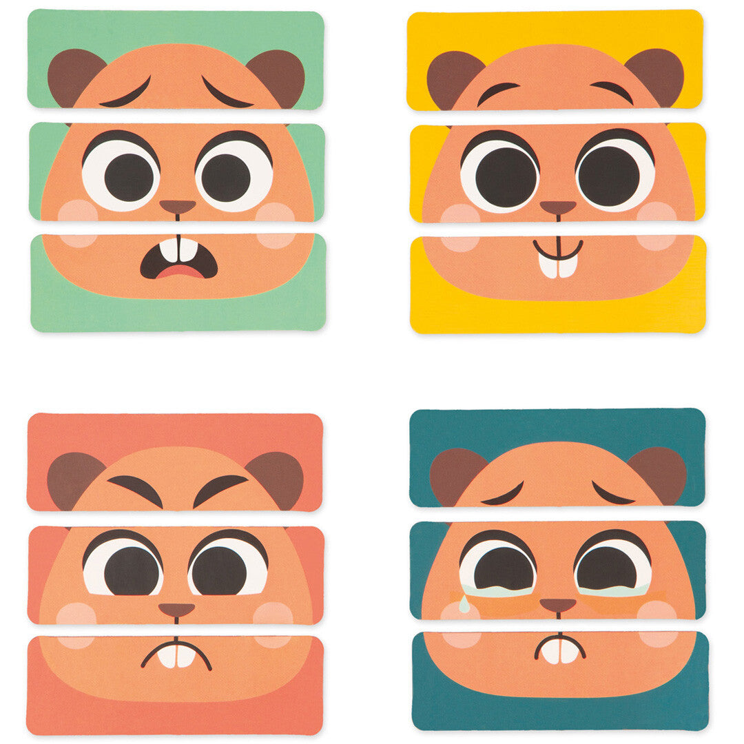 Vier Janod houten puzzels die elk een bevergezicht met een andere emotie vormen.
