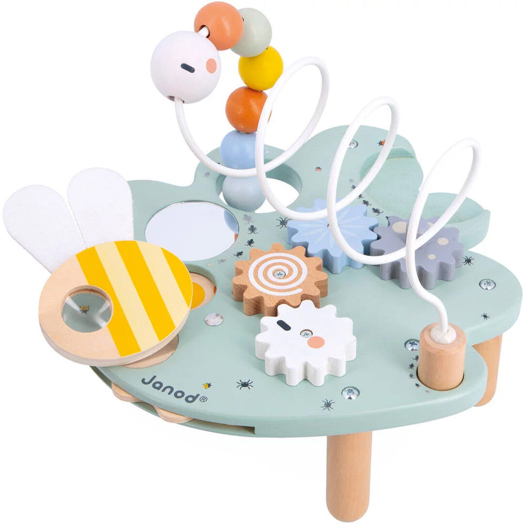 Janod houten activiteitenpaneel voor baby's, een groen blad met een kralenbaan, tandwielen en een bij.
