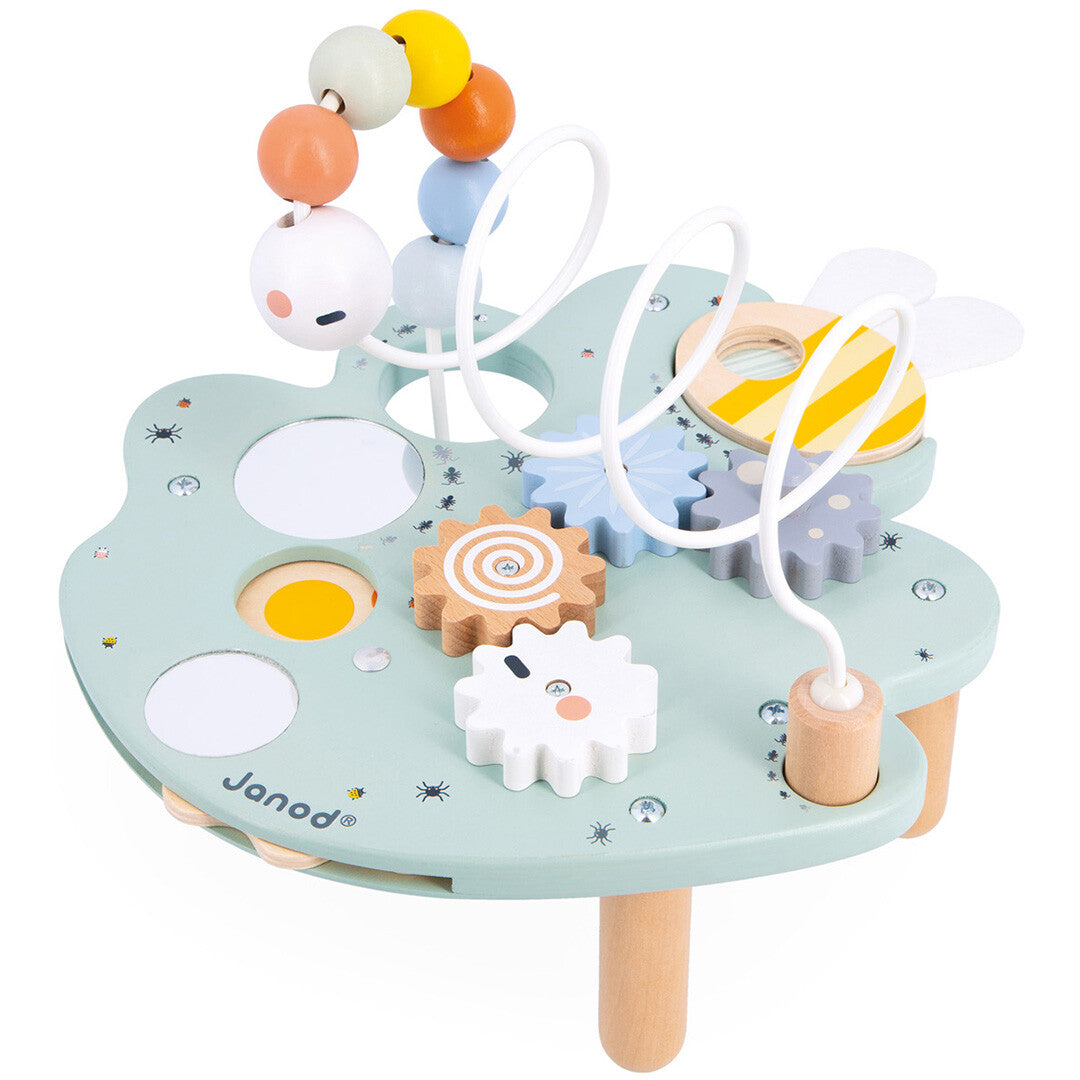 Janod houten activiteitenpaneel voor baby's, een groen blad met een kralenbaan, tandwielen en een bij.