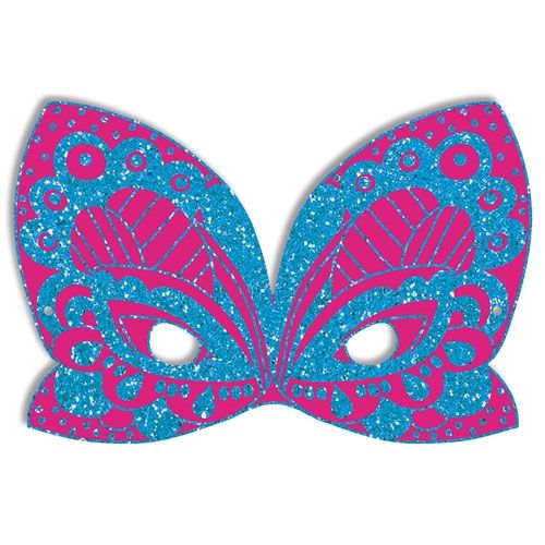 Een roze en blauw glitter vlindermasker met gedetailleerde patronen.