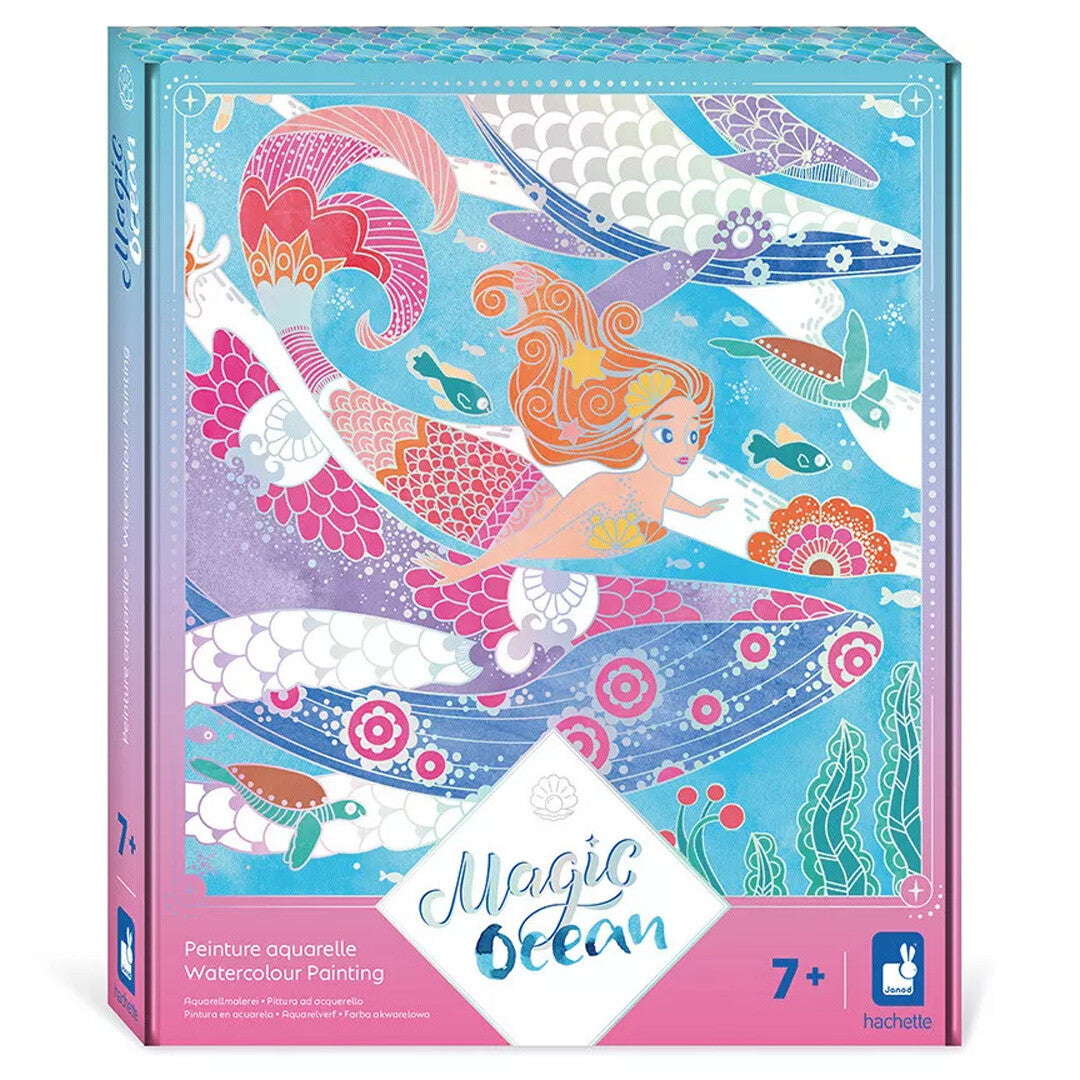 Janod aquarelverf hobbyset 'Magic Ocean' verpakking met een zeemeermin en walvissen.
