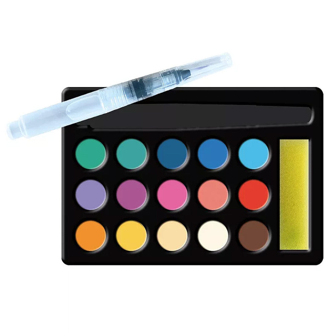 De Janod aquarelverfset met 15 kleuren verf en een waterkwast.