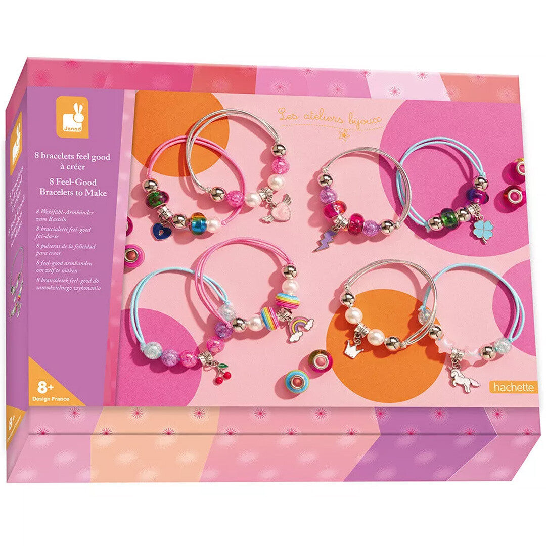 Janod 'Les ateliers bijoux' sieraden maken set verpakking met voorbeelden van gemaakte armbanden.