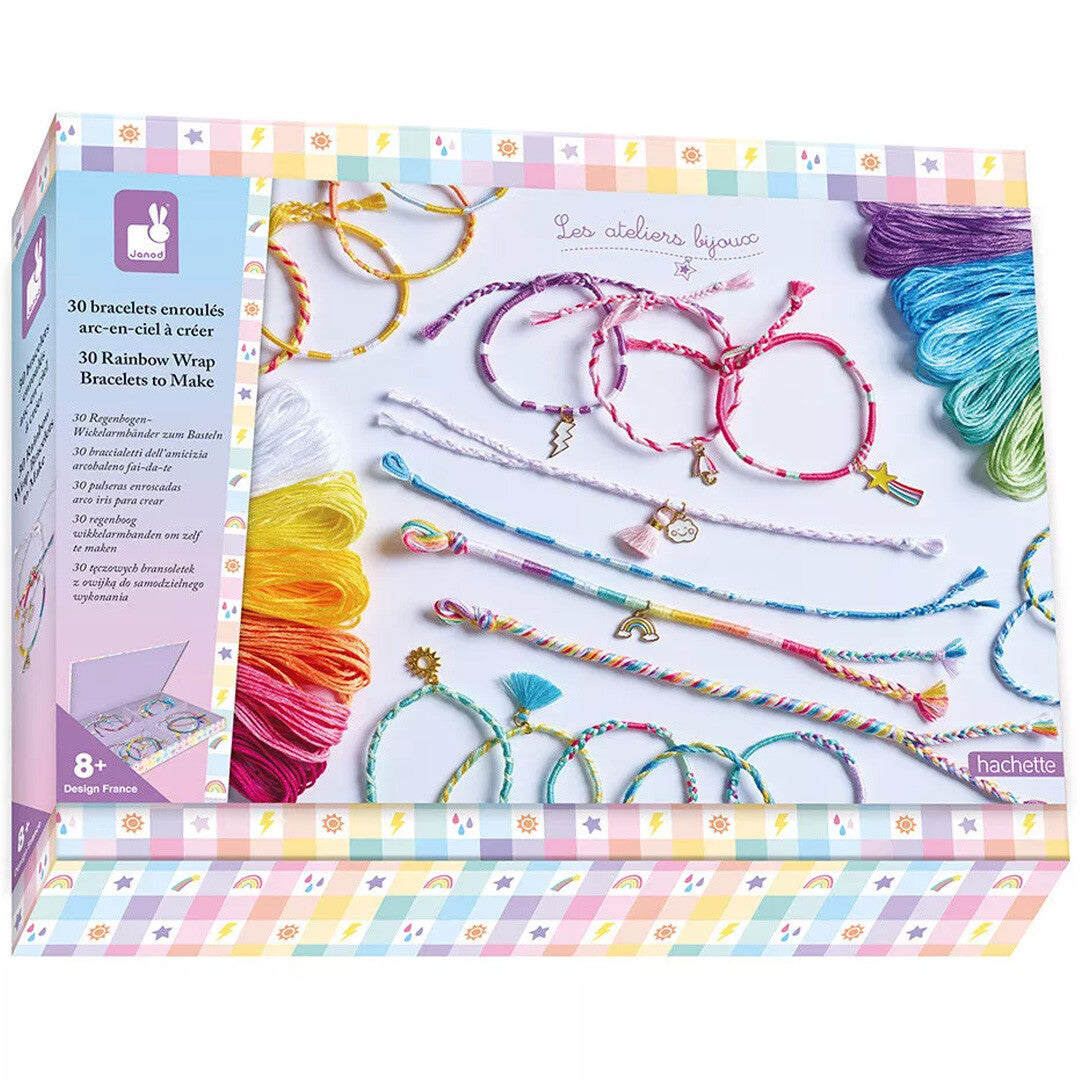 Janod Atelier Bijoux sieraden maken set in de verpakking, met voorbeelden van regenboogarmbanden en draden.