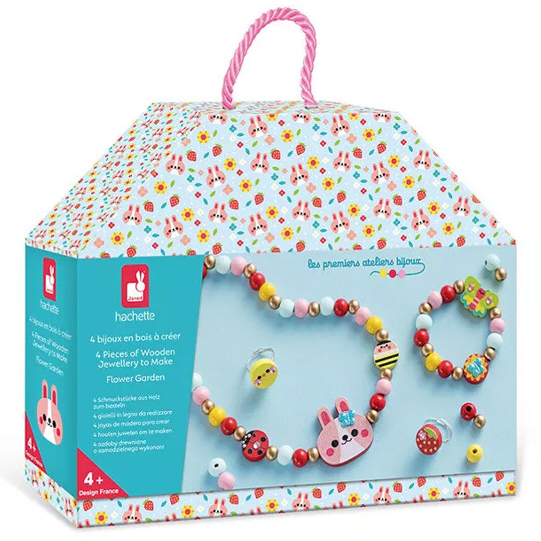 Janod sieraden maken set 'Bloementuin' in de verpakking, met een konijn, lieveheersbeestje en bijtje.