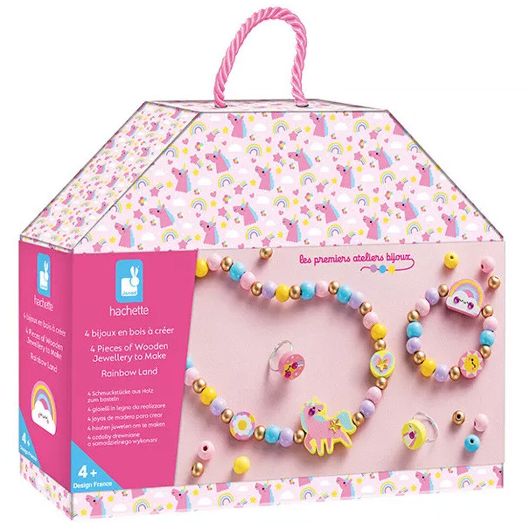 Janod sieraden maken set 'Regenboog Land' in een roze verpakking met eenhoorns en regenbogen.