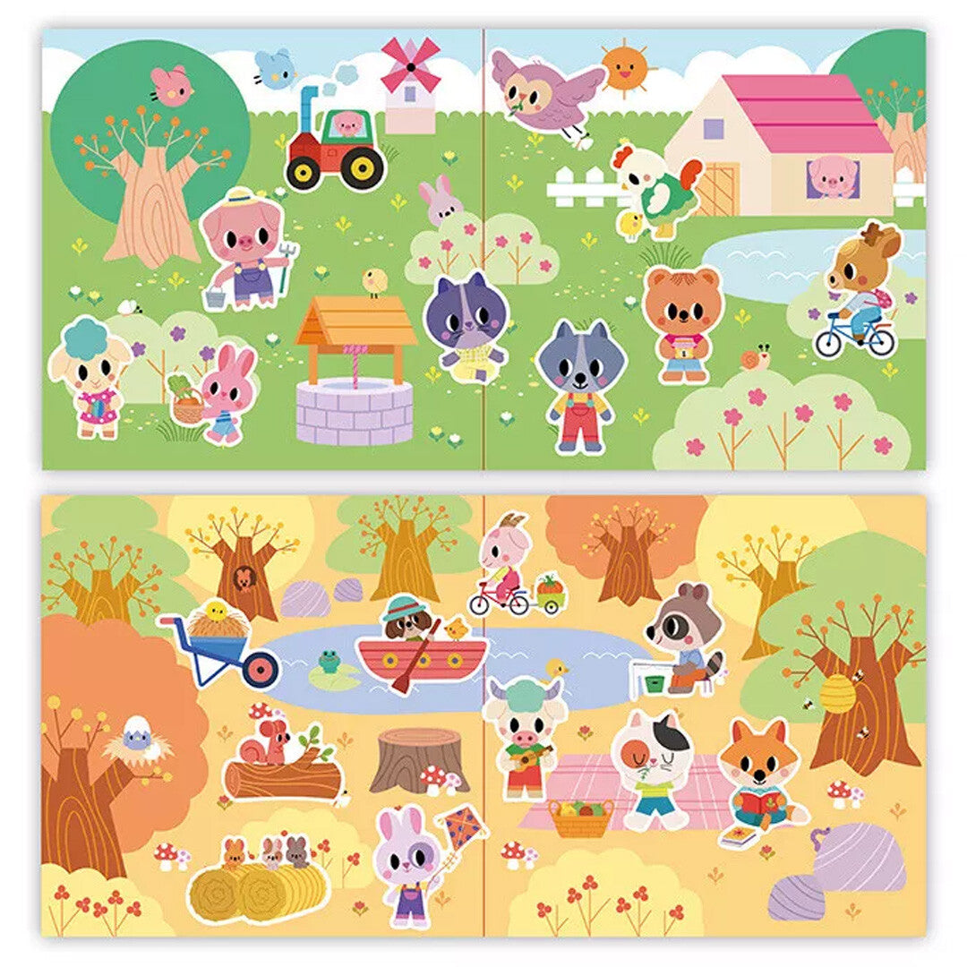 Twee opengeklapte stickerboeken met boerderij- en bosdierenstickers in een landschap.