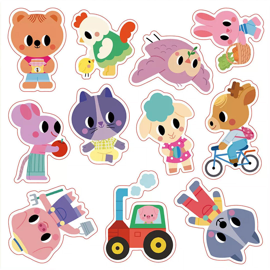 Collectie van losse herbruikbare stickers met diverse boerderij- en bosdieren.