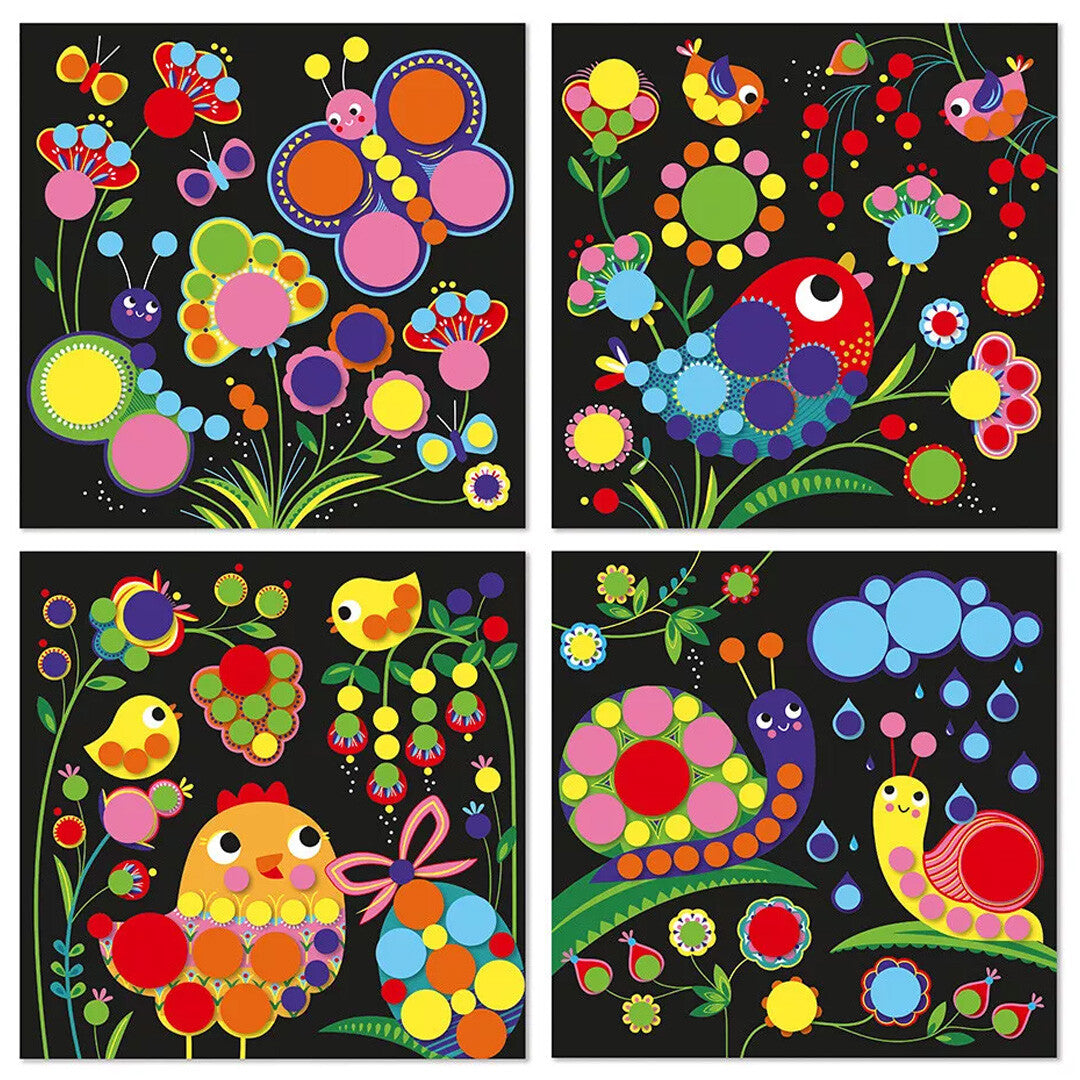Vier voorbeelden van voltooide sticker kunstwerken met kleurrijke vogels, vlinders, rupsen en bloemen op een zwarte achtergrond.
