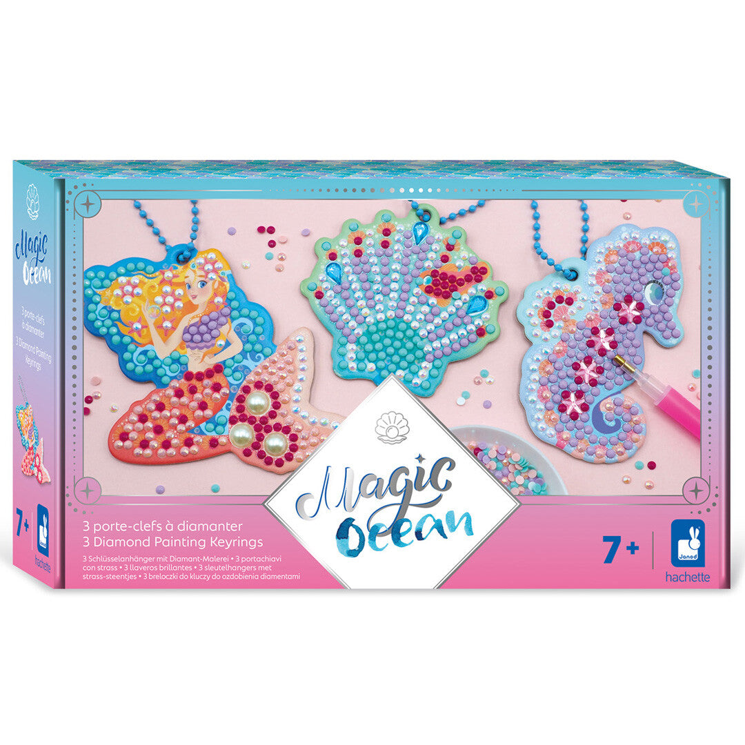 De verpakking van de Janod Magic Ocean Diamond Painting Keyrings hobbyset met zeemeermin, schelp en zeepaardje.