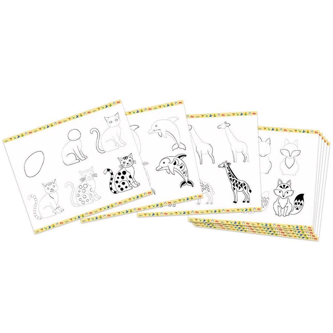 Witte vellen papier met stap-voor-stap tekenvoorbeelden van verschillende dieren zoals katten, dolfijnen, giraffen en vossen.