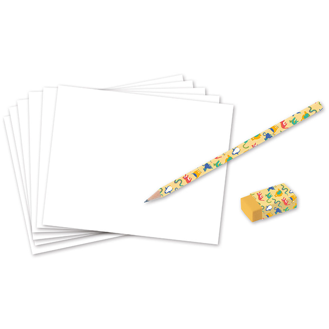 Een stapel blanco witte vellen papier met een potlood en een gum met kleurrijk patroon.