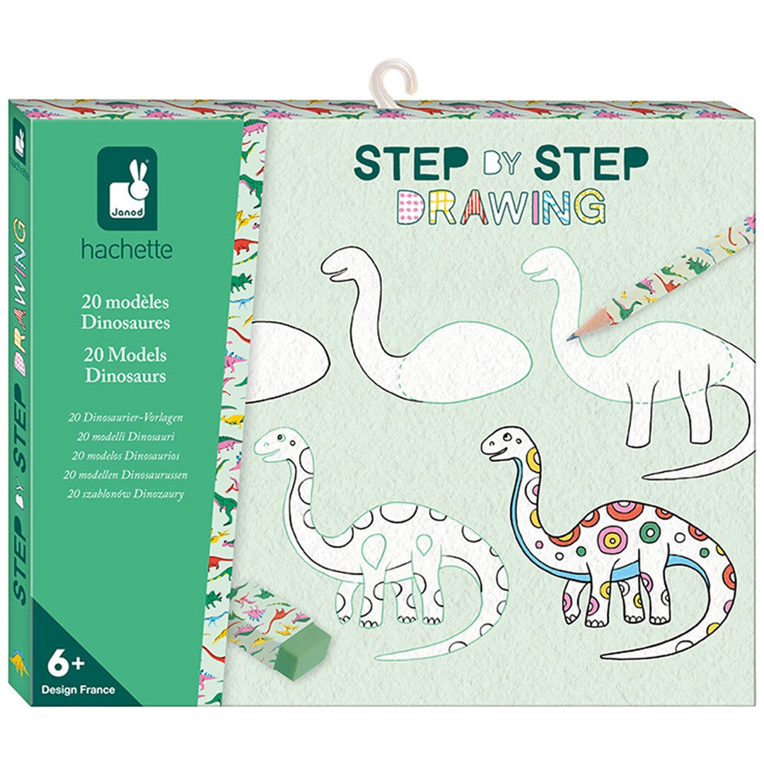 Janod tekenset verpakking met stapsgewijze instructies voor het tekenen van dinosaurussen.