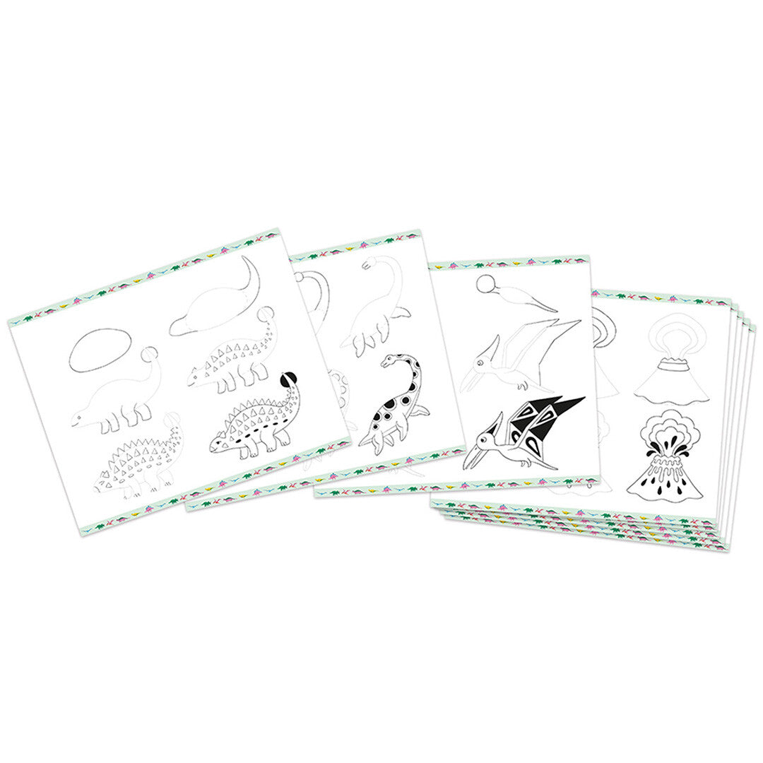Een collectie van tekenvellen met stapsgewijze instructies voor het tekenen van verschillende dinosaurussen en een vulkaan.