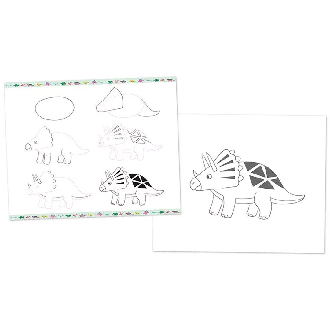 Een demonstratie van de tekenset met stapsgewijze instructies voor het tekenen van een Triceratops.