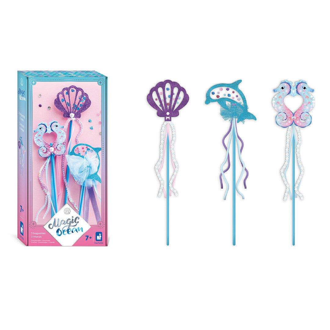 Janod Magic Ocean hobbyset verpakking naast de drie afgewerkte zeedier toverstokken.