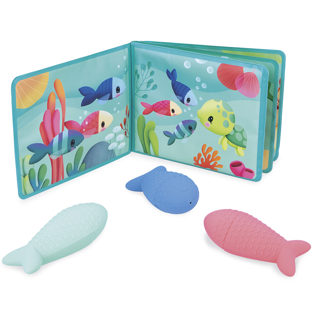Janod badboekje open met onderwaterdieren en drie visvormige spuitfiguurtjes.