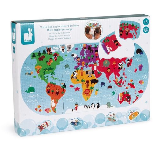 De verpakking van de Janod badpuzzel wereldkaart met een afbeelding van de complete puzzel.