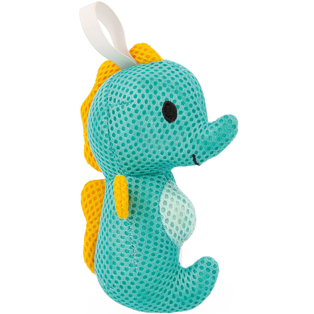 Janod turquoise zeepaardje badspeelgoed met gele accenten.