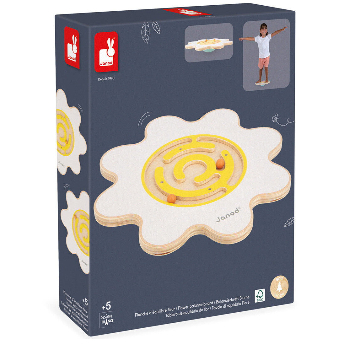 De verpakking van het Janod houten balansbord, met een afbeelding van het product en het merklogo.