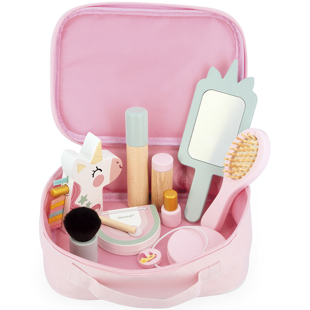 Janod houten make-up speelset met eenhoorn thema in geopende roze beautycase.