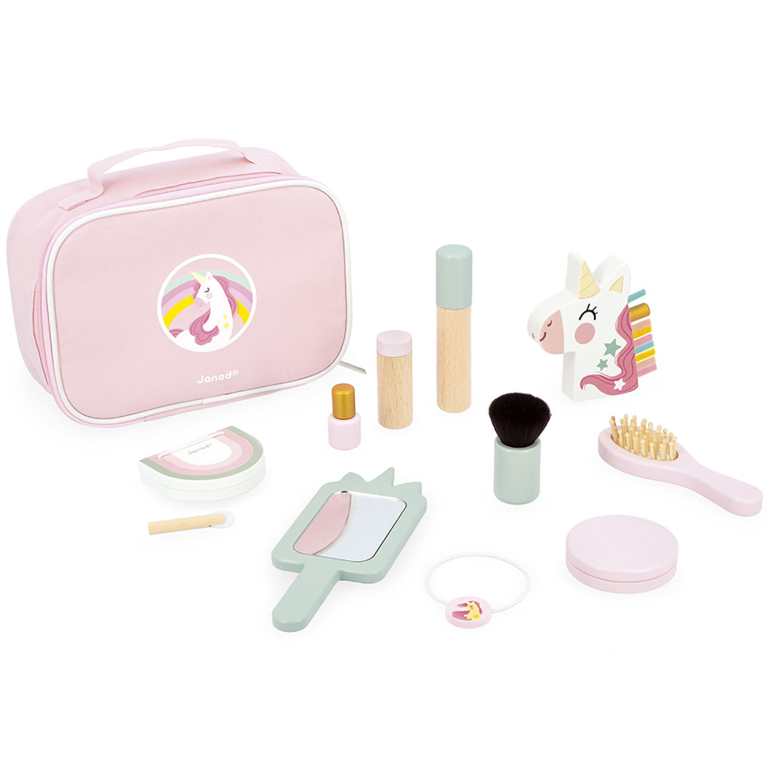 Janod houten make-up speelset met eenhoorn thema en roze beautycase, met alle accessoires uitgestald.