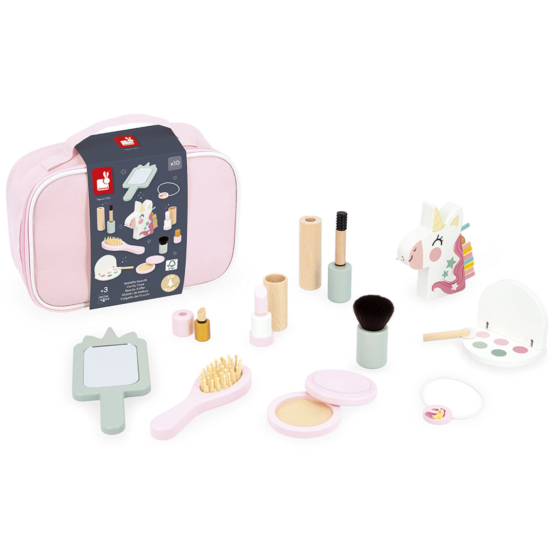 Verpakking van de Janod houten make-up speelset met eenhoorn thema.