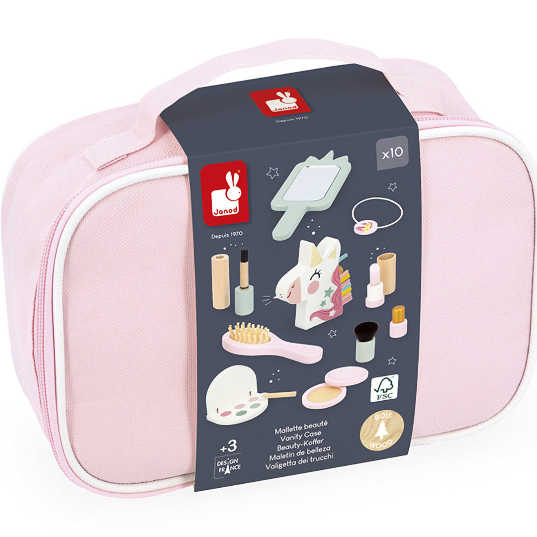 Detail van de verpakking van de Janod houten make-up speelset met eenhoorn thema.