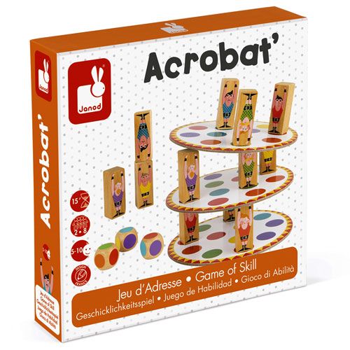 Verpakking van het Janod behendigheidsspel Acrobaten toren, met een afbeelding van de houten acrobaten op gestippelde platforms.