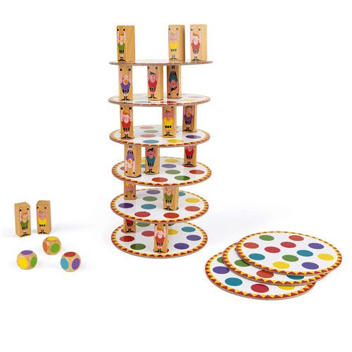 Het Janod behendigheidsspel Acrobaten toren, opgebouwd met houten acrobaten op gestippelde platforms en losse onderdelen ernaast.