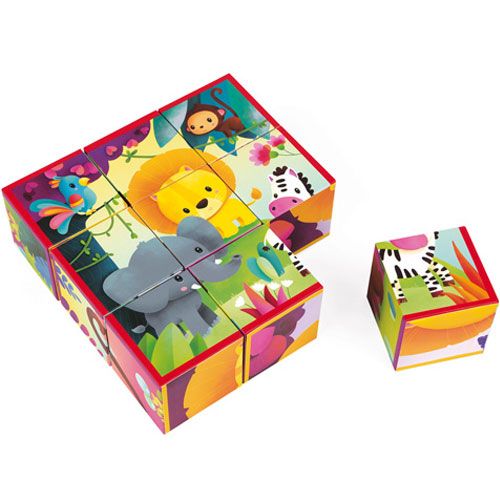 Janod blokpuzzel met negen blokken die samen een afbeelding van jungledieren vormen, met een losse blok ernaast.