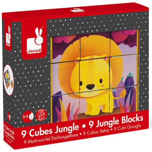 Verpakking van de Janod blokpuzzel met een afbeelding van een leeuw gemaakt van de puzzelblokken.
