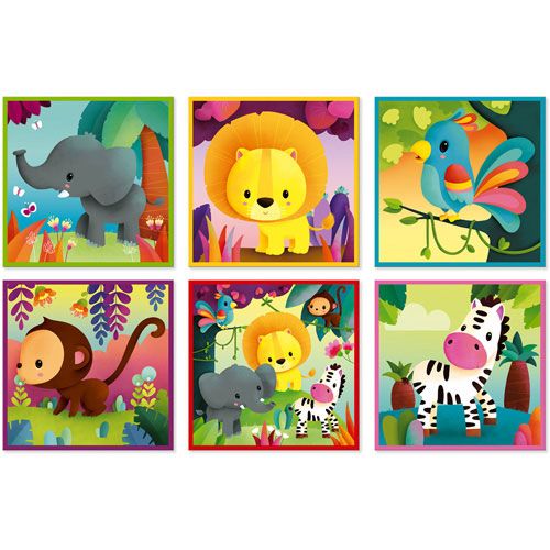 Zes voorbeelden van afbeeldingen van jungledieren die gemaakt kunnen worden met de Janod blokpuzzel.