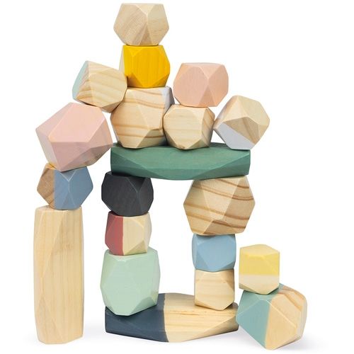 Janod abstracte houten bouwblokken in pastelkleuren en naturel hout, gestapeld tot een boogvorm.