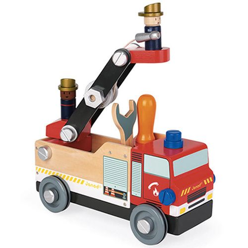 Janod houten brandweerwagen bouwspeelgoed met uitschuifbare ladder en brandweerman.