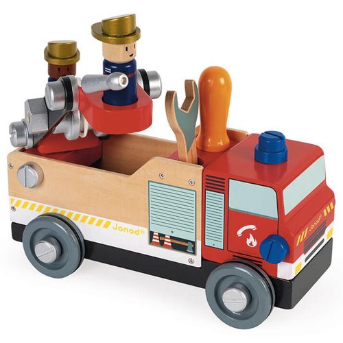 Janod houten brandweerwagen bouwspeelgoed met twee brandweermannen en gereedschap.
