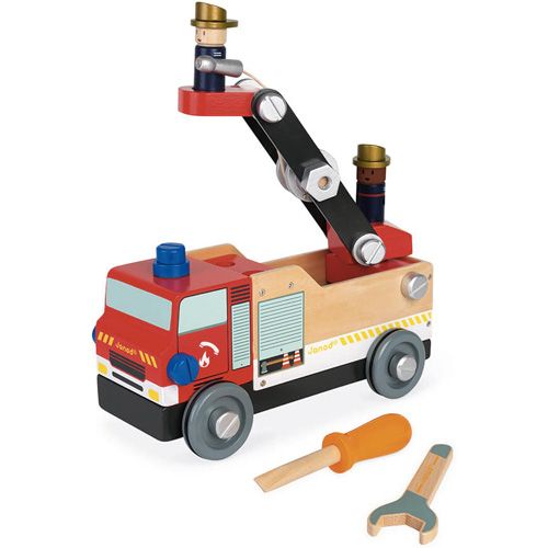 Janod houten brandweerwagen bouwspeelgoed met brandweerman op de ladder en los gereedschap.