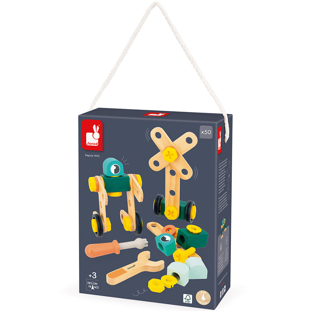Janod Brico'Kids houten bouwset verpakking met voorbeelden van een robot en voertuig.
