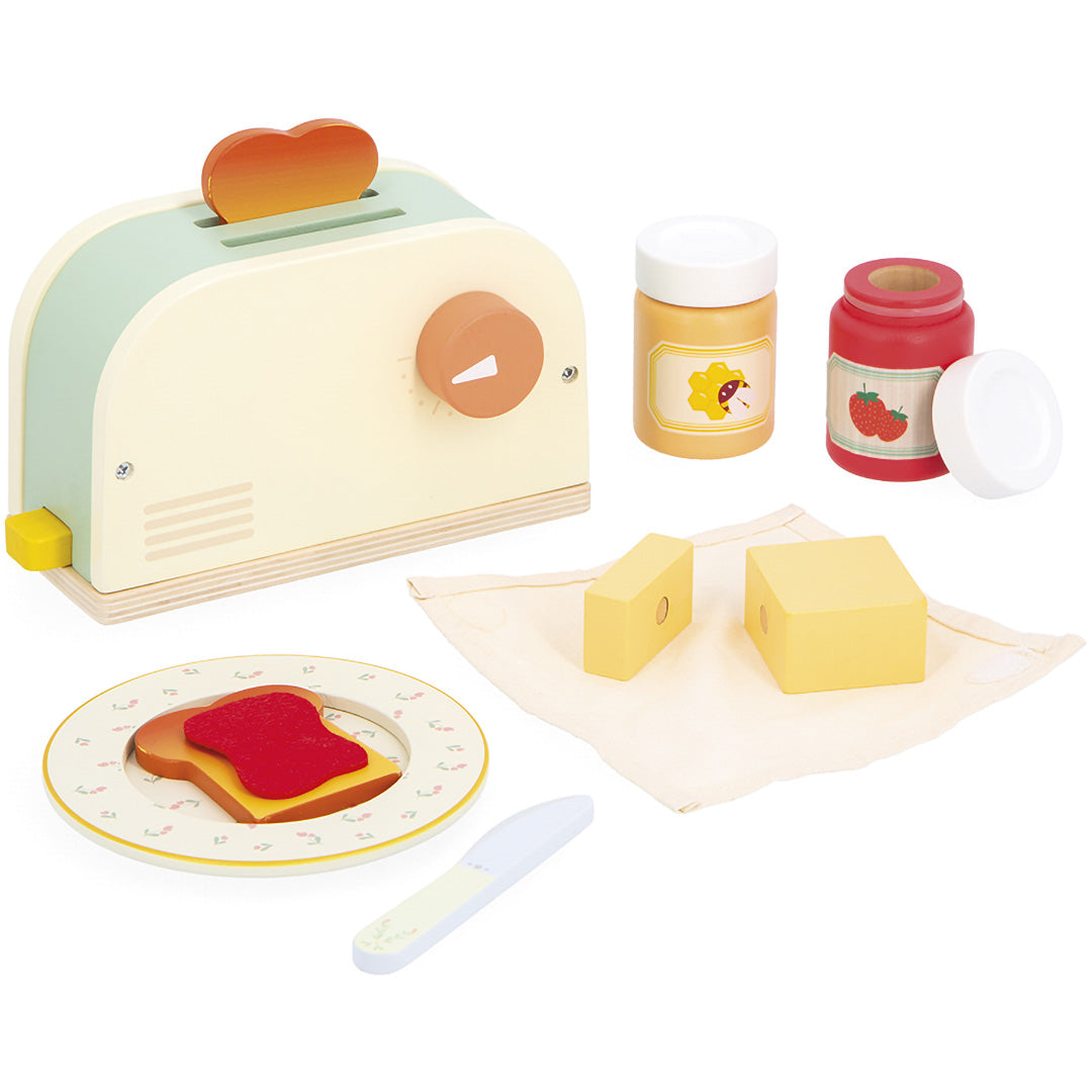 Janod houten keukenspeelset met broodrooster, toast, beleg en boter.